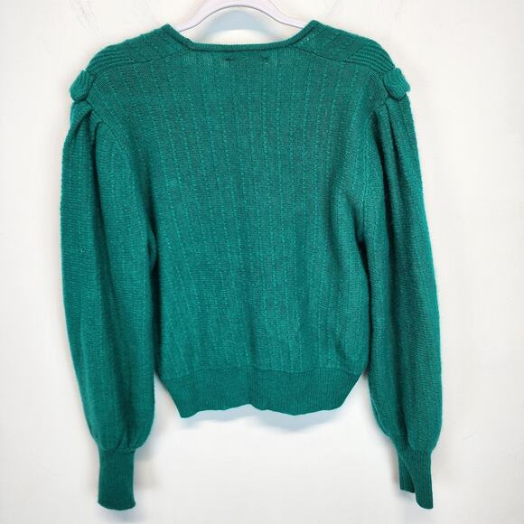 Vintage Sideffects Sweater Size M Green Pearl Buttons Balloon Sleeve Deep Neck - Picture 7 of 16